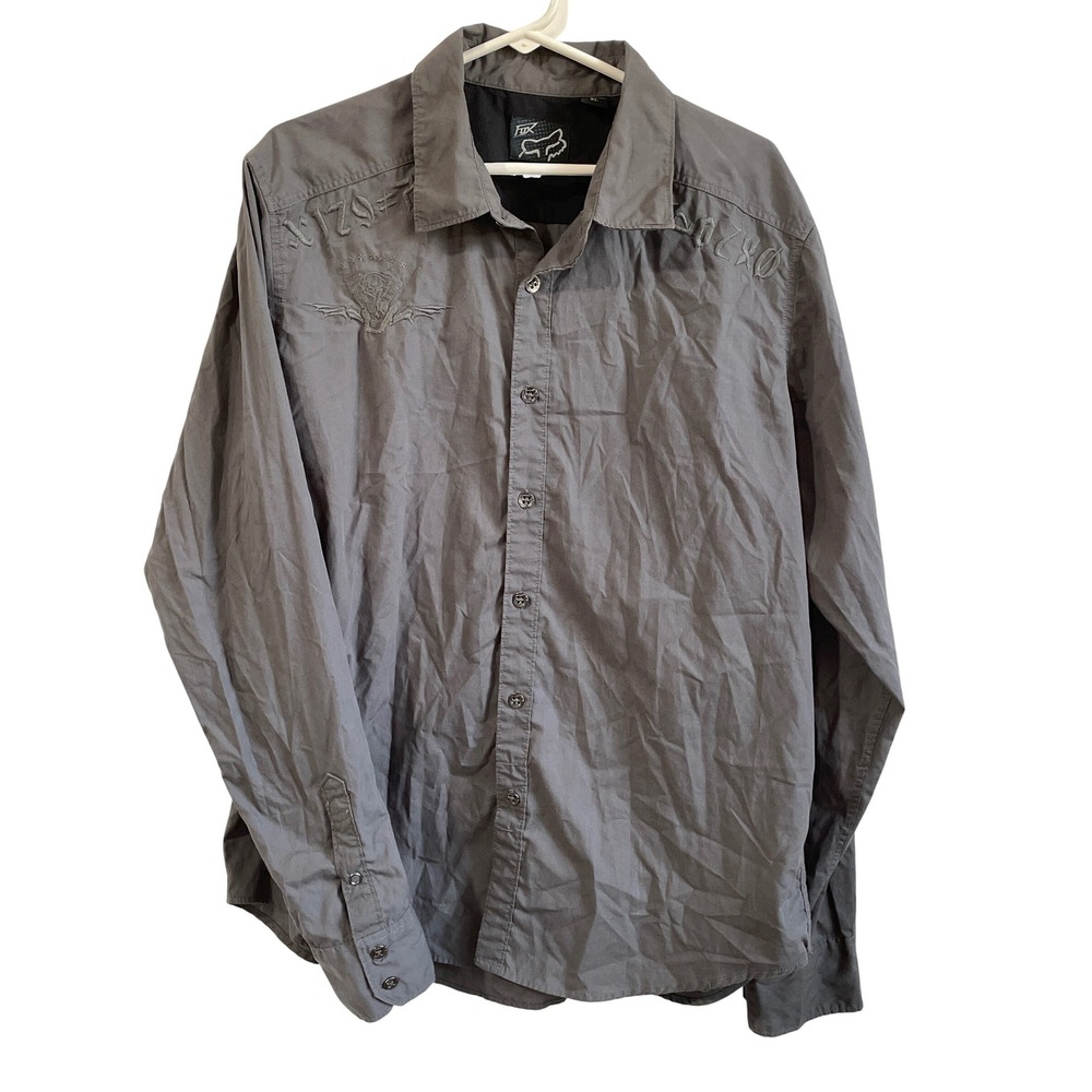Fox Racing Mens Gray Long Sleeve Embroidered Button Up Shirt XL Motocross